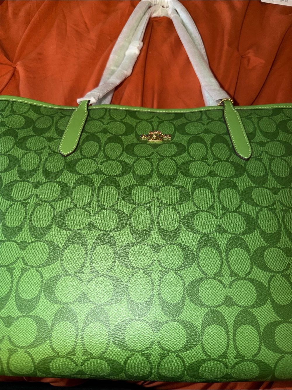Coach Green Signature Monogram Tote with Gold-Tone Logo